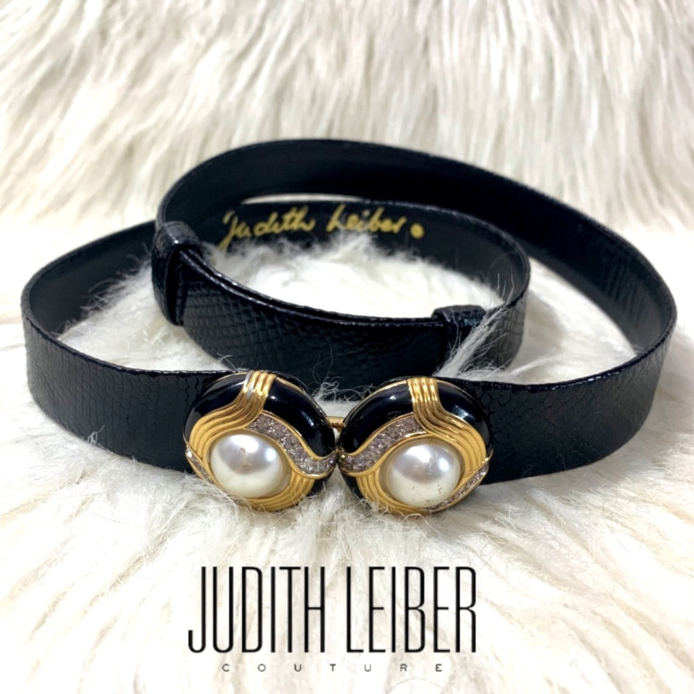 Judith Leiber Vintage Black Snakeskin Crystal Encrusted Pearl Skinny Belt